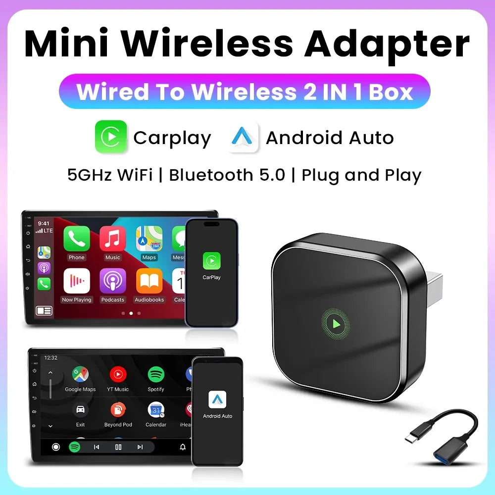 Adaptador CarPlay Inalámbrico USB – Convierte CarPlay con Cable a Wireless | Compatible iPhone iOS & Android Auto | Plug & Play, Conexión Automática, WiFi 5GHz