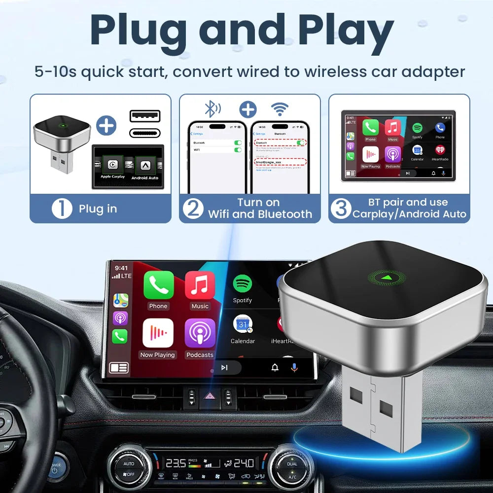 Adaptador CarPlay Inalámbrico USB – Convierte CarPlay con Cable a Wireless | Compatible iPhone iOS & Android Auto | Plug & Play, Conexión Automática, WiFi 5GHz
